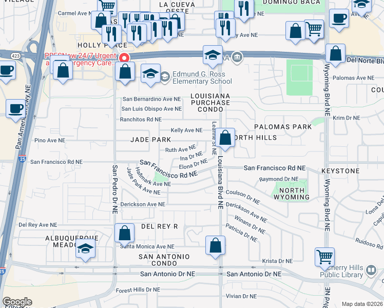 map of restaurants, bars, coffee shops, grocery stores, and more near 6828 Ina Drive Northeast in Albuquerque
