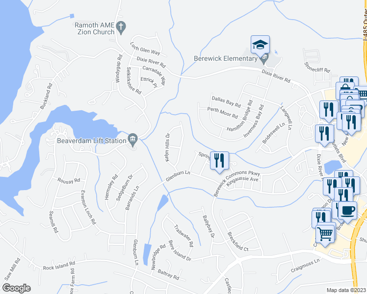 map of restaurants, bars, coffee shops, grocery stores, and more near 7202 Kinley Commons Lane in Charlotte