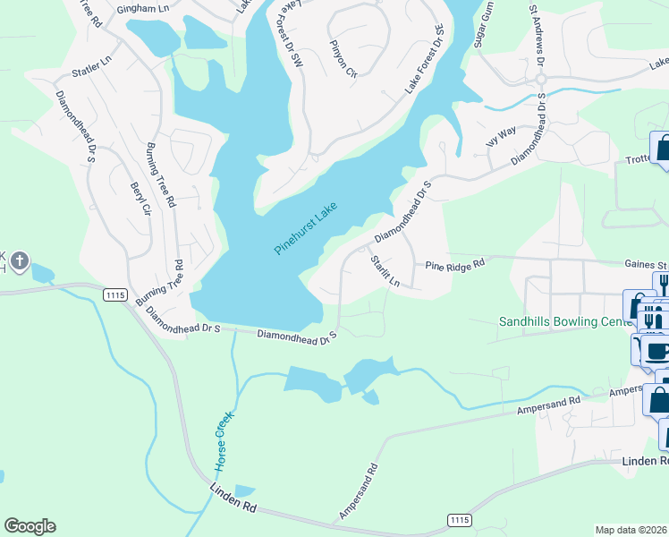 map of restaurants, bars, coffee shops, grocery stores, and more near 639 Diamondhead Drive South in Pinehurst