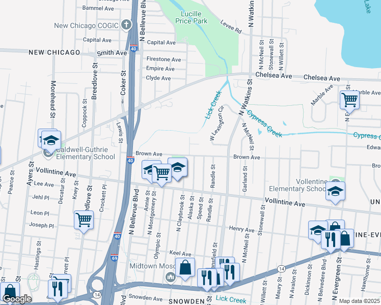 map of restaurants, bars, coffee shops, grocery stores, and more near 1056 North Claybrook Street in Memphis