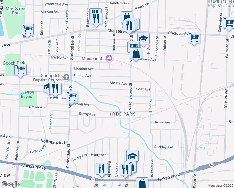 map of restaurants, bars, coffee shops, grocery stores, and more near 2396 Vandale Avenue in Memphis
