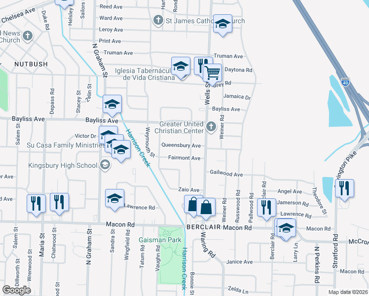 map of restaurants, bars, coffee shops, grocery stores, and more near 4247 Queensbury Avenue in Memphis