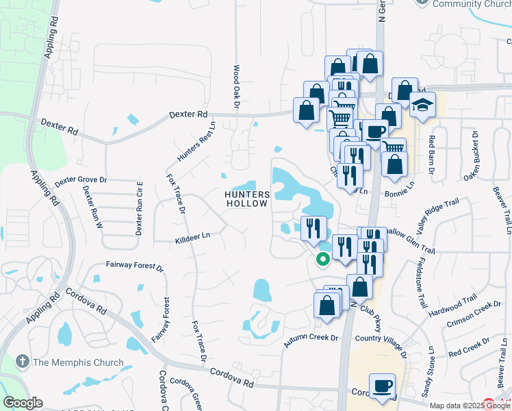 map of restaurants, bars, coffee shops, grocery stores, and more near 7856 Teal Lake Cove in Memphis