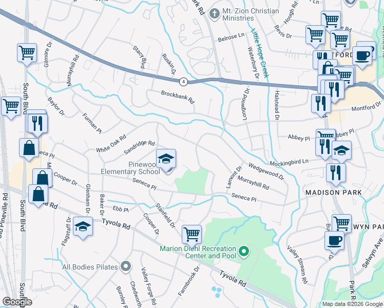 map of restaurants, bars, coffee shops, grocery stores, and more near 5421 Wedgewood Drive in Charlotte