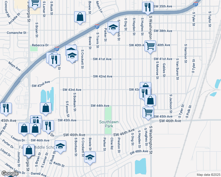 map of restaurants, bars, coffee shops, grocery stores, and more near 4216 Cline Road in Amarillo