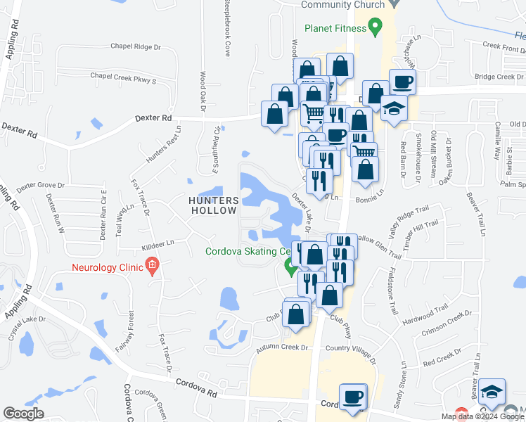 map of restaurants, bars, coffee shops, grocery stores, and more near 7960 Cates Cove in Memphis