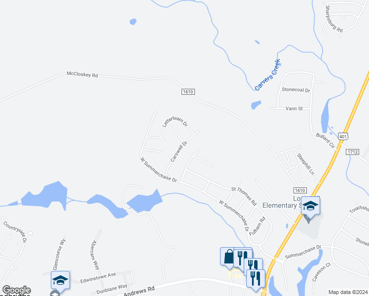 map of restaurants, bars, coffee shops, grocery stores, and more near 6536 Carswell Drive in Fayetteville