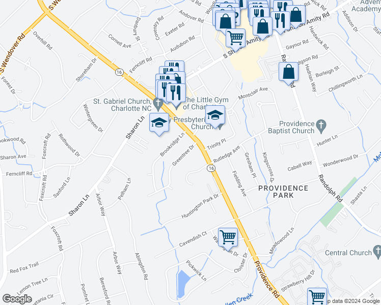 map of restaurants, bars, coffee shops, grocery stores, and more near 821 Greentree Drive in Charlotte