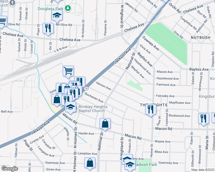 map of restaurants, bars, coffee shops, grocery stores, and more near 3436 Vernon Avenue in Memphis