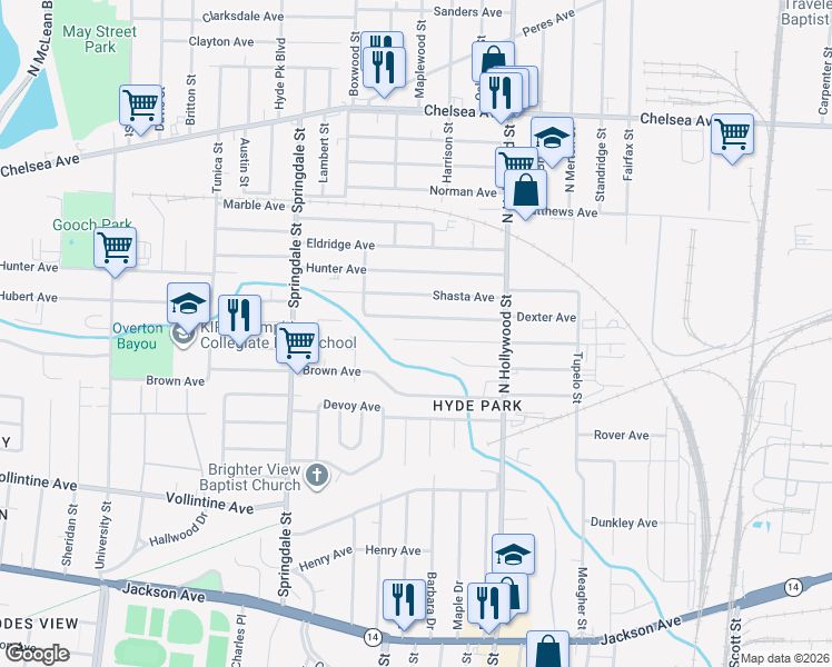 map of restaurants, bars, coffee shops, grocery stores, and more near 2348 Vandale Avenue in Memphis