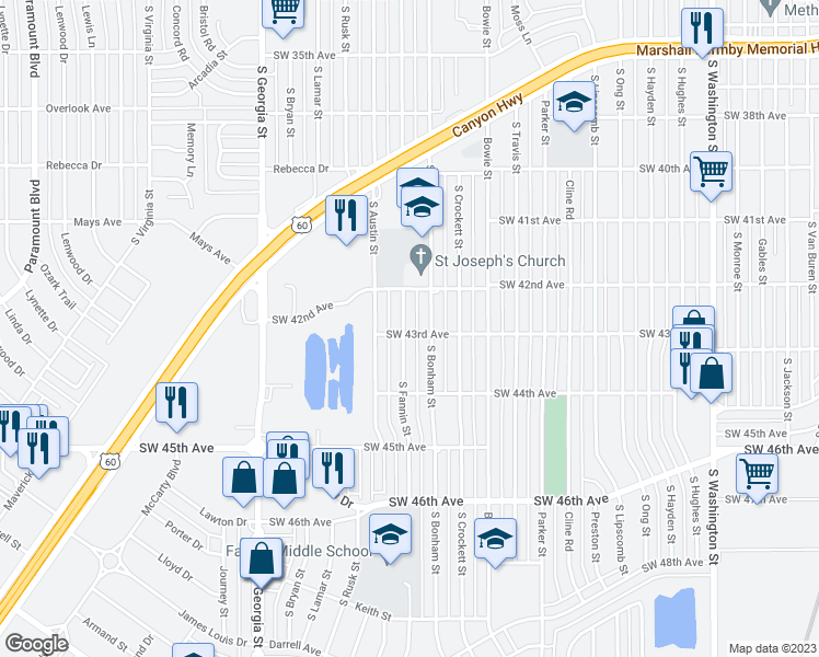 map of restaurants, bars, coffee shops, grocery stores, and more near 4215 South Fannin Street in Amarillo