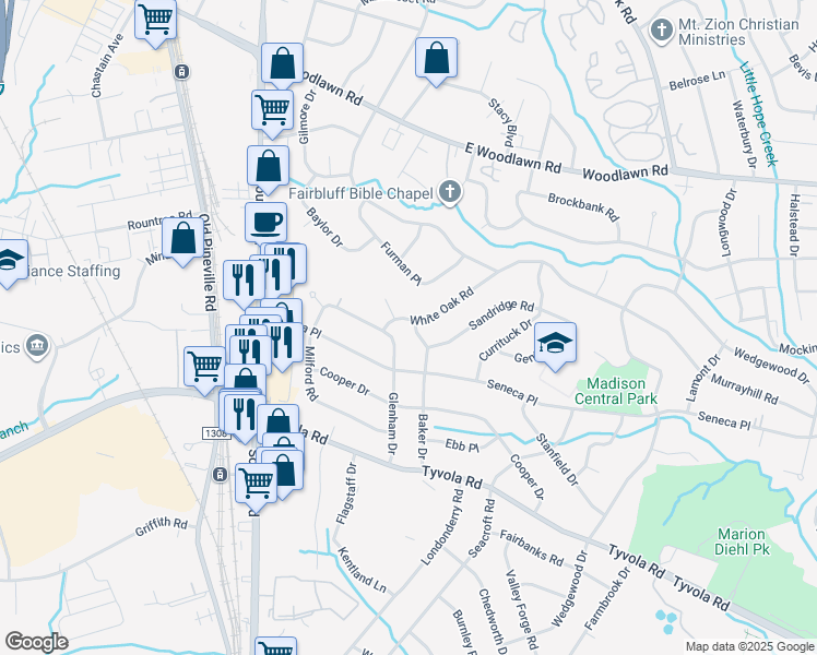 map of restaurants, bars, coffee shops, grocery stores, and more near 5111 Baker Drive in Charlotte
