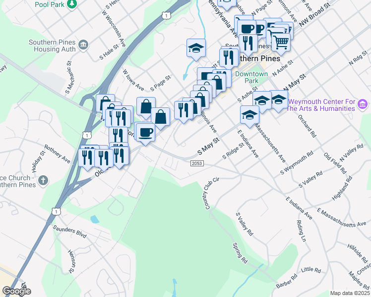 map of restaurants, bars, coffee shops, grocery stores, and more near 687 South Ashe Street in Southern Pines