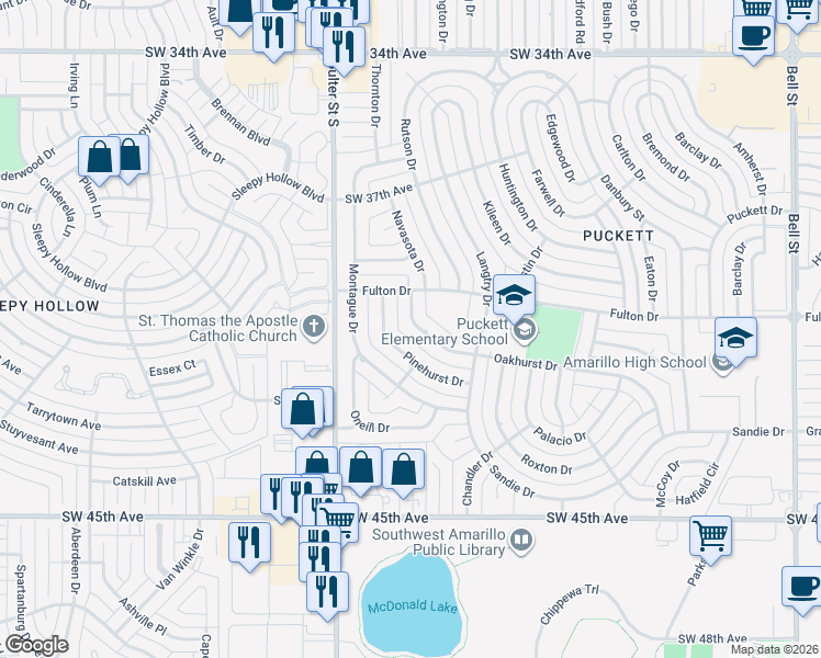 map of restaurants, bars, coffee shops, grocery stores, and more near 4010 Oakhurst Drive in Amarillo
