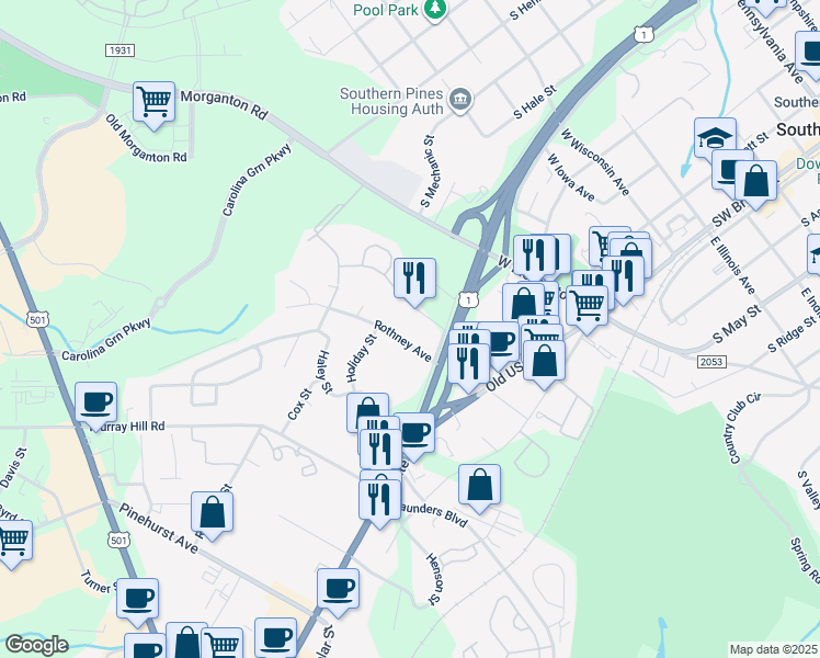 map of restaurants, bars, coffee shops, grocery stores, and more near 415 Rothney Avenue in Southern Pines