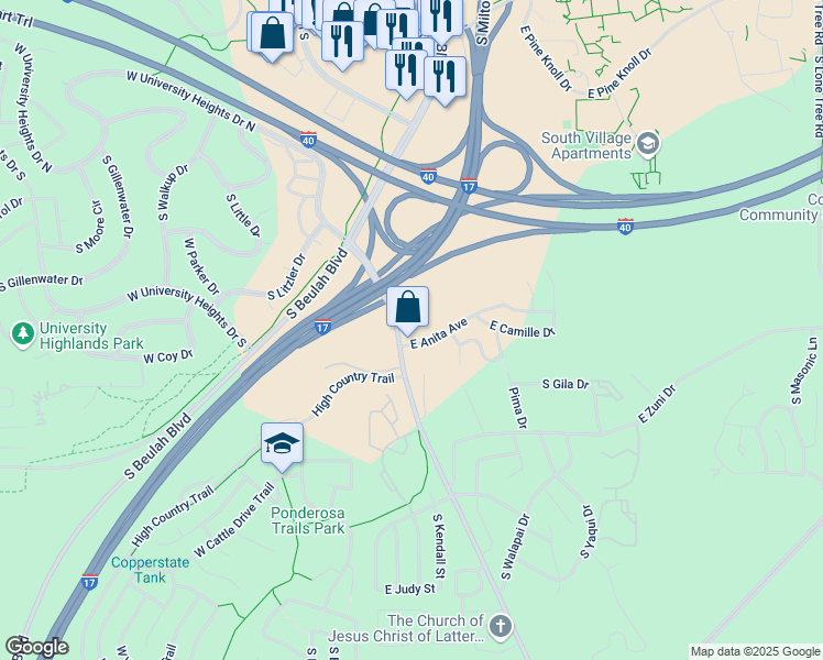 map of restaurants, bars, coffee shops, grocery stores, and more near 3400 South Lake Mary Road in Flagstaff