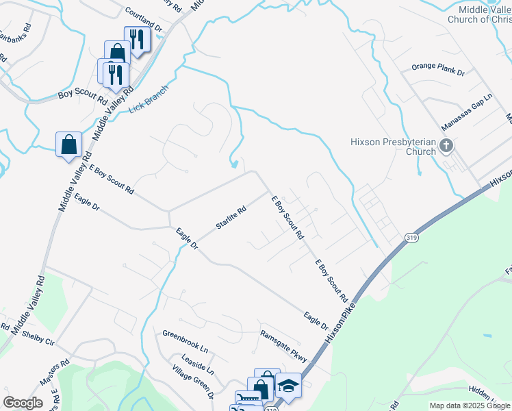 map of restaurants, bars, coffee shops, grocery stores, and more near 6926 Starlite Road in Middle Valley