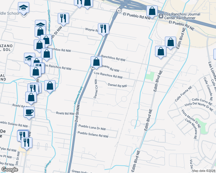 map of restaurants, bars, coffee shops, grocery stores, and more near 120 Ysabela Court Northwest in Albuquerque