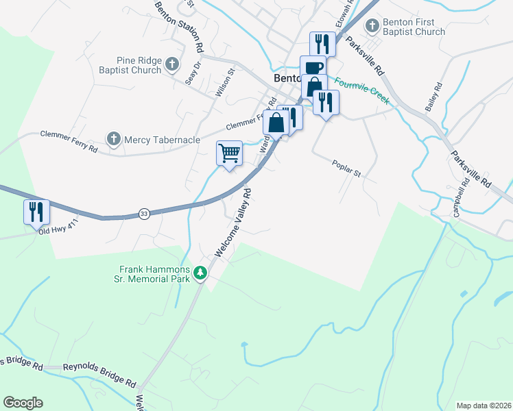 map of restaurants, bars, coffee shops, grocery stores, and more near 1968 Welcome Valley Rd in Benton
