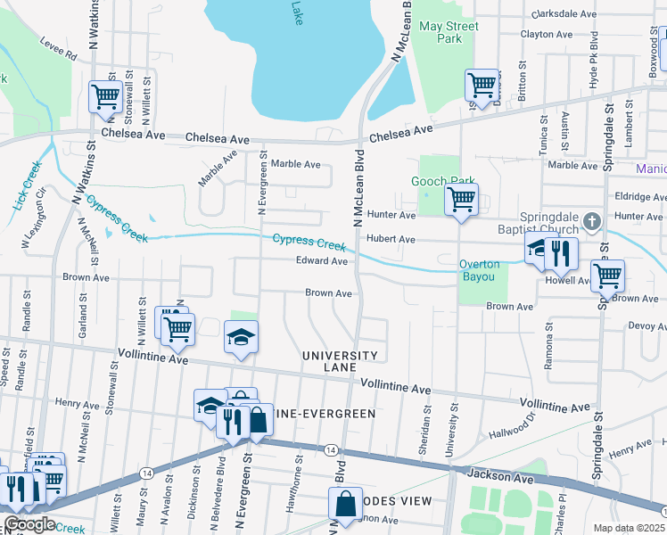 map of restaurants, bars, coffee shops, grocery stores, and more near 1817 Edward Avenue in Memphis