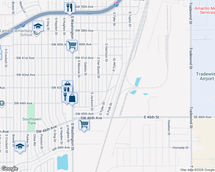 map of restaurants, bars, coffee shops, grocery stores, and more near 4220 South Harrison Street in Amarillo