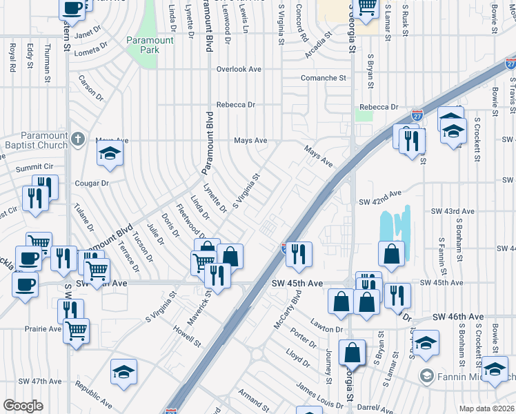map of restaurants, bars, coffee shops, grocery stores, and more near 3926 Woodfield Street in Amarillo
