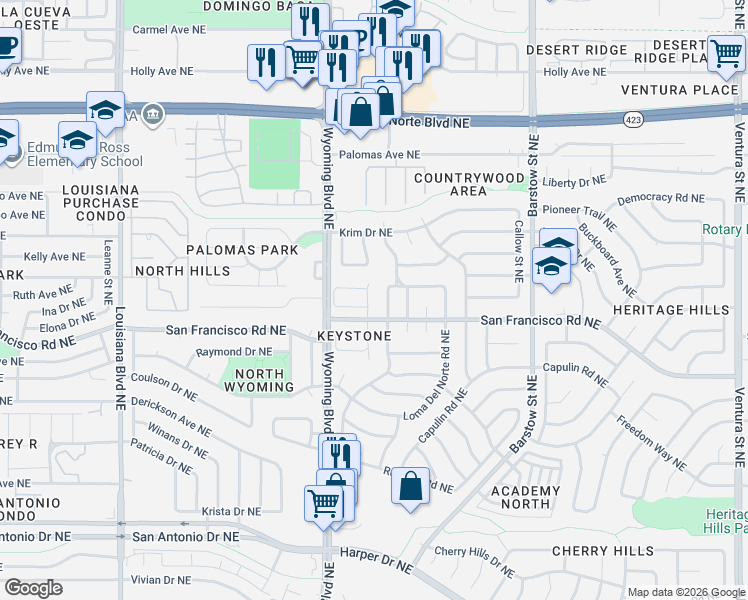 map of restaurants, bars, coffee shops, grocery stores, and more near 8027 Argyle Avenue Northeast in Albuquerque