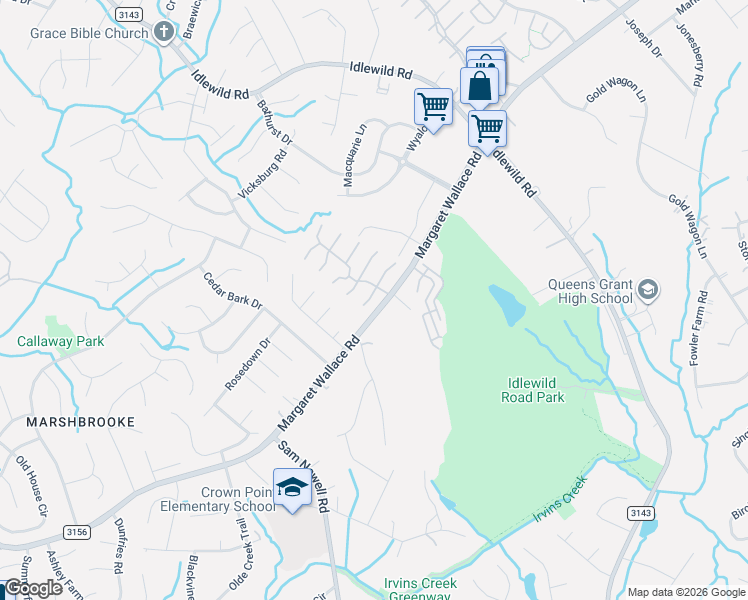 map of restaurants, bars, coffee shops, grocery stores, and more near 3625 Melrose Cottage Drive in Matthews