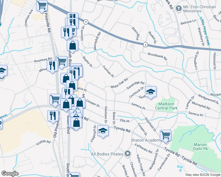 map of restaurants, bars, coffee shops, grocery stores, and more near 5111 Baker Drive in Charlotte