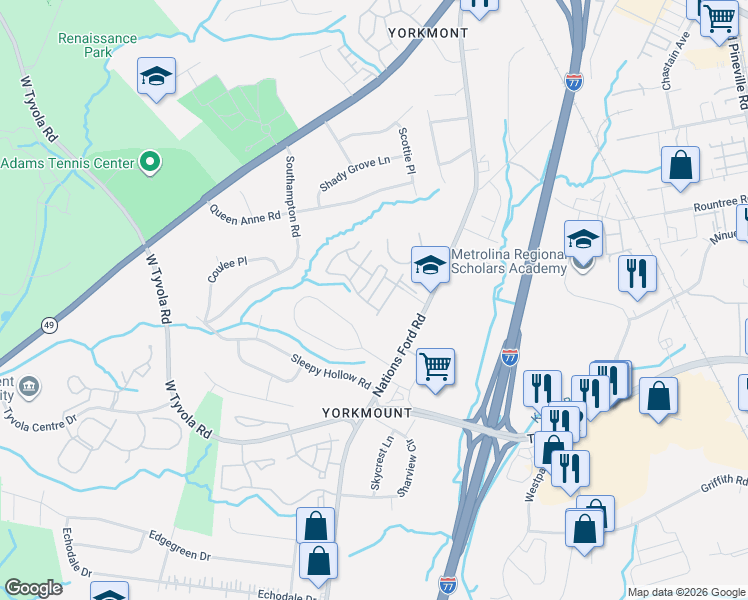 map of restaurants, bars, coffee shops, grocery stores, and more near 5406 Franklin Springs Circle in Charlotte