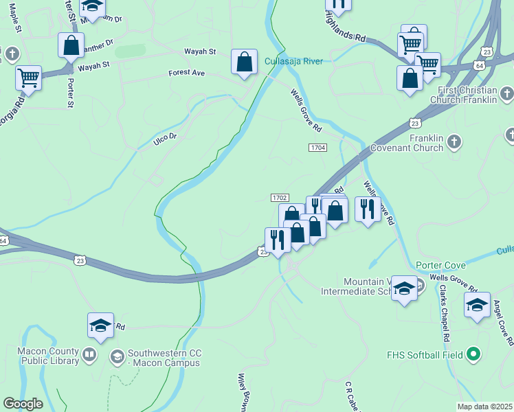 map of restaurants, bars, coffee shops, grocery stores, and more near 62 Deerfield Ridge in Franklin