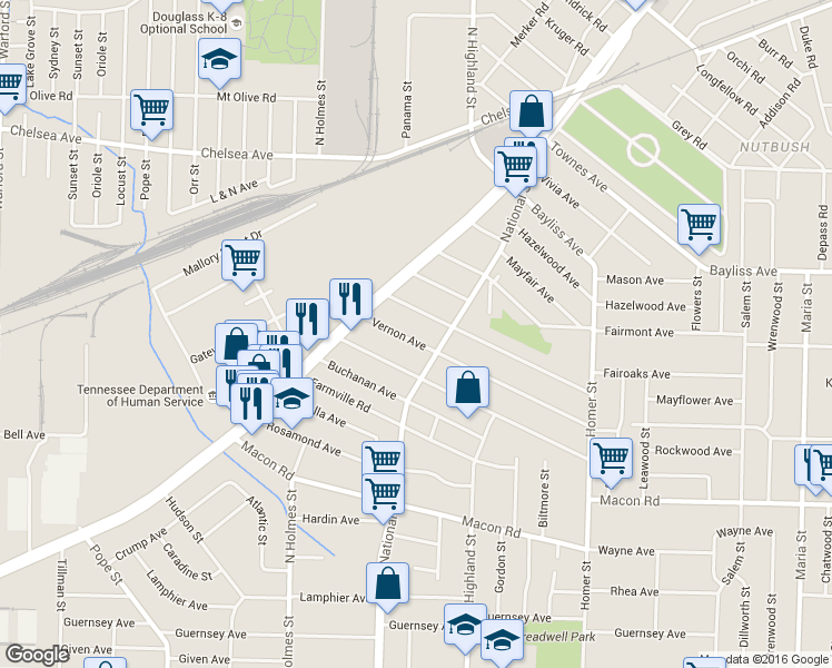 map of restaurants, bars, coffee shops, grocery stores, and more near 3436 Vernon Avenue in Memphis