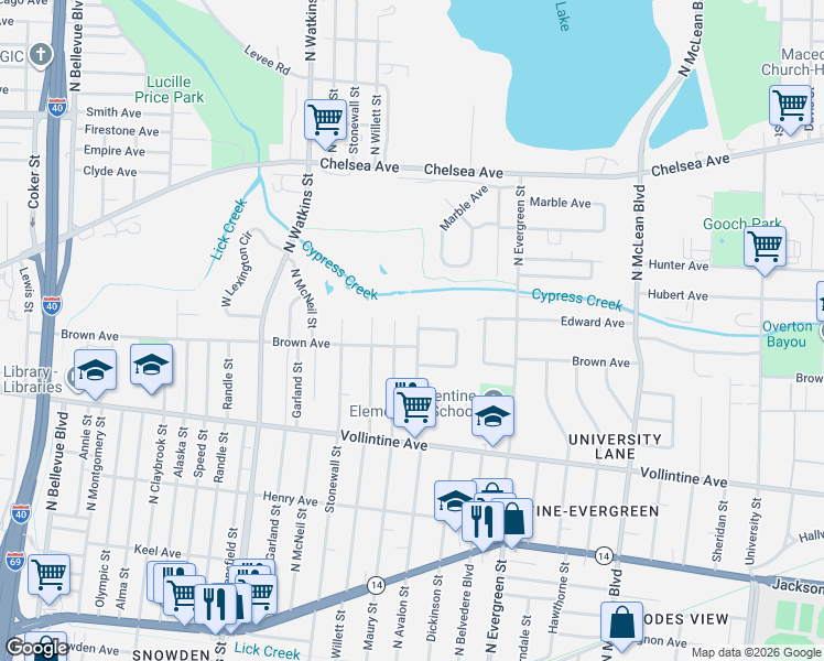 map of restaurants, bars, coffee shops, grocery stores, and more near 1061 North Avalon Street in Memphis