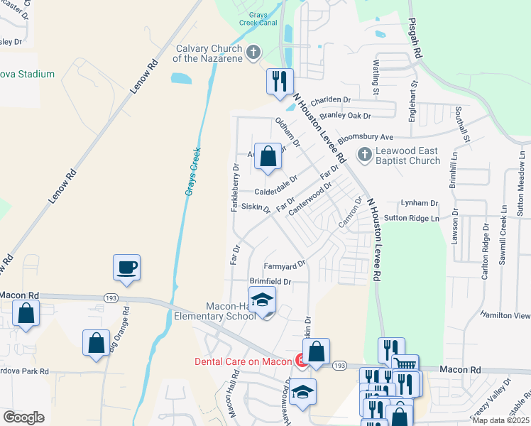 map of restaurants, bars, coffee shops, grocery stores, and more near 1543 Far Drive in Shelby County