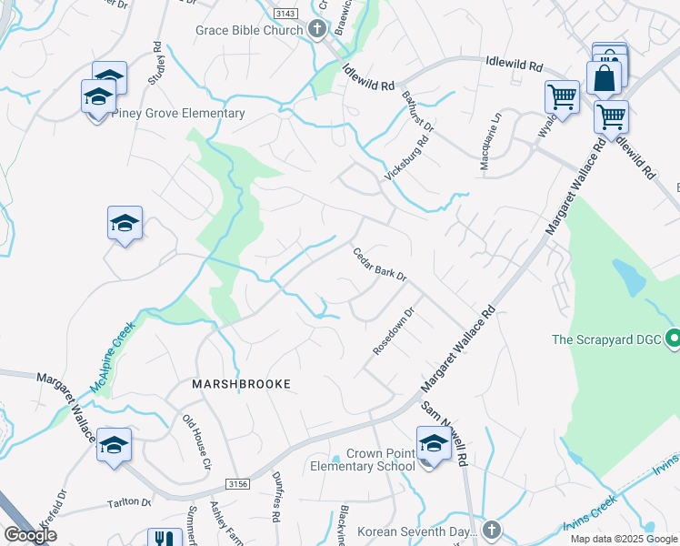 map of restaurants, bars, coffee shops, grocery stores, and more near 4026 Raccoon Run Court in Matthews