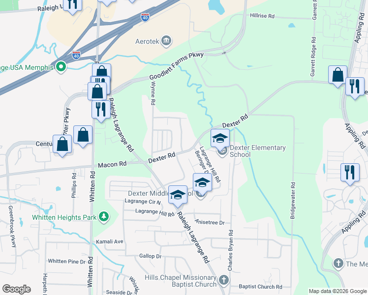 map of restaurants, bars, coffee shops, grocery stores, and more near 7030 Dexter Road in Shelby County
