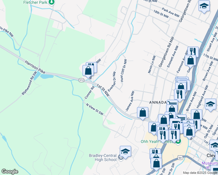 map of restaurants, bars, coffee shops, grocery stores, and more near 285 Everhart Drive Northwest in Cleveland