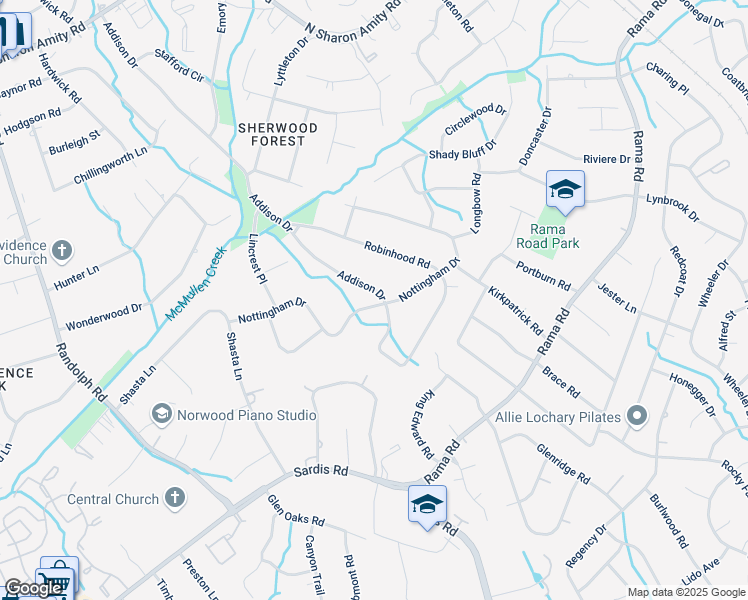 map of restaurants, bars, coffee shops, grocery stores, and more near 5336 Addison Drive in Charlotte