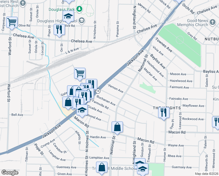 map of restaurants, bars, coffee shops, grocery stores, and more near 3385 Vernon Avenue in Memphis