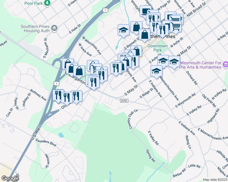 map of restaurants, bars, coffee shops, grocery stores, and more near 689 South Ashe Street in Southern Pines