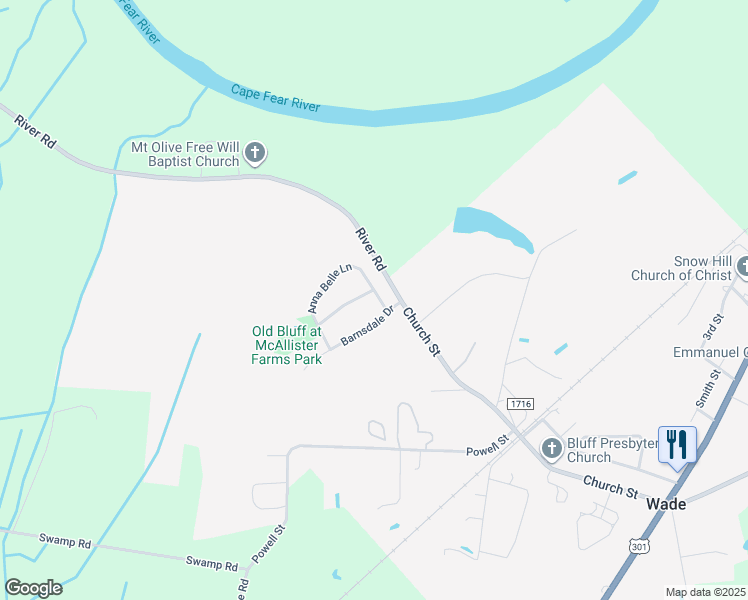 map of restaurants, bars, coffee shops, grocery stores, and more near 3924 Barclay Way in Wade