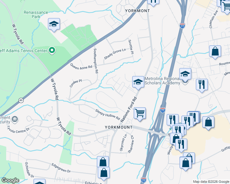 map of restaurants, bars, coffee shops, grocery stores, and more near 5406 Franklin Springs Circle in Charlotte