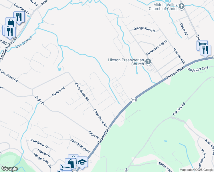 map of restaurants, bars, coffee shops, grocery stores, and more near 1645 Gunston Hall Road in Chattanooga