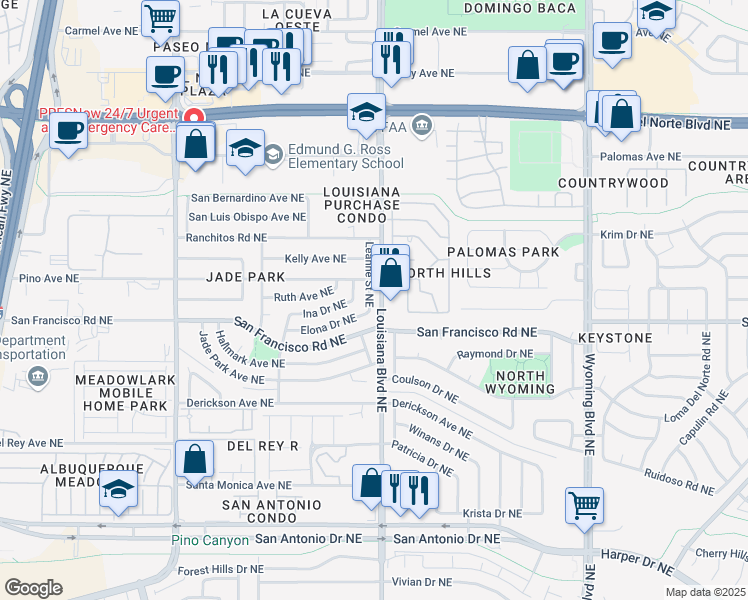 map of restaurants, bars, coffee shops, grocery stores, and more near 7604 Leanne Street Northeast in Albuquerque