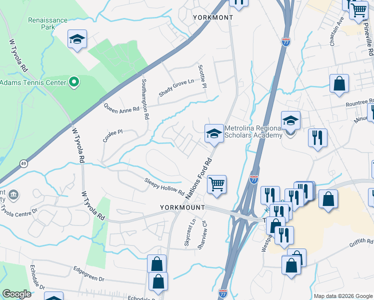 map of restaurants, bars, coffee shops, grocery stores, and more near 5418 Franklin Springs Circle in Charlotte