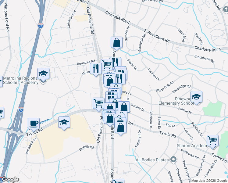 map of restaurants, bars, coffee shops, grocery stores, and more near 101 Seneca Pl in Charlotte