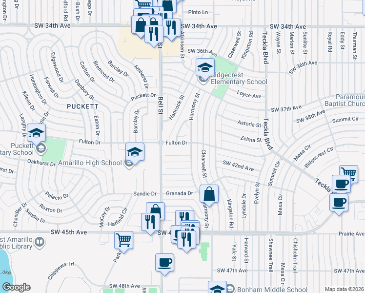 map of restaurants, bars, coffee shops, grocery stores, and more near 5610 Southwest 39th Avenue in Amarillo
