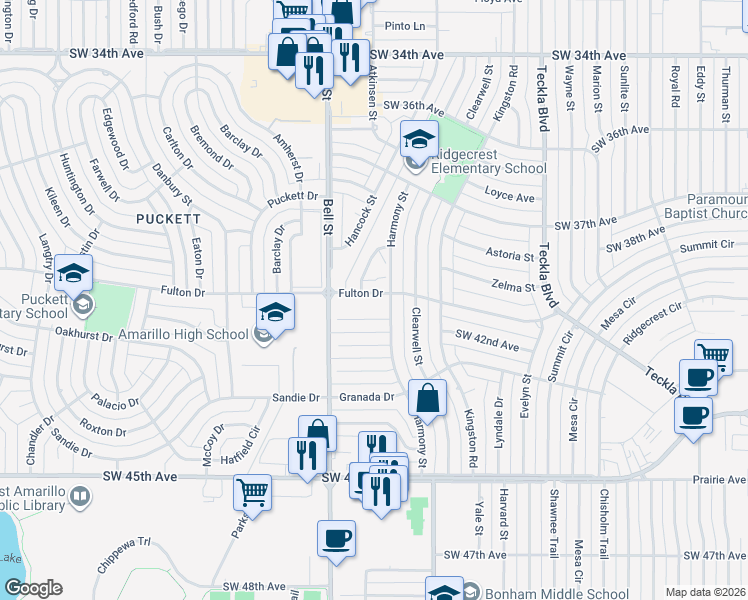 map of restaurants, bars, coffee shops, grocery stores, and more near 5610 Southwest 39th Avenue in Amarillo