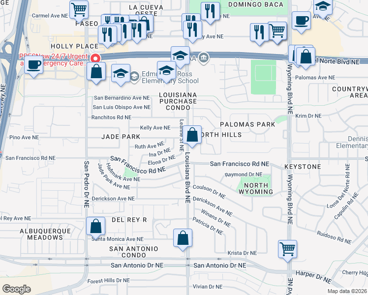 map of restaurants, bars, coffee shops, grocery stores, and more near 7604 Leanne Street Northeast in Albuquerque