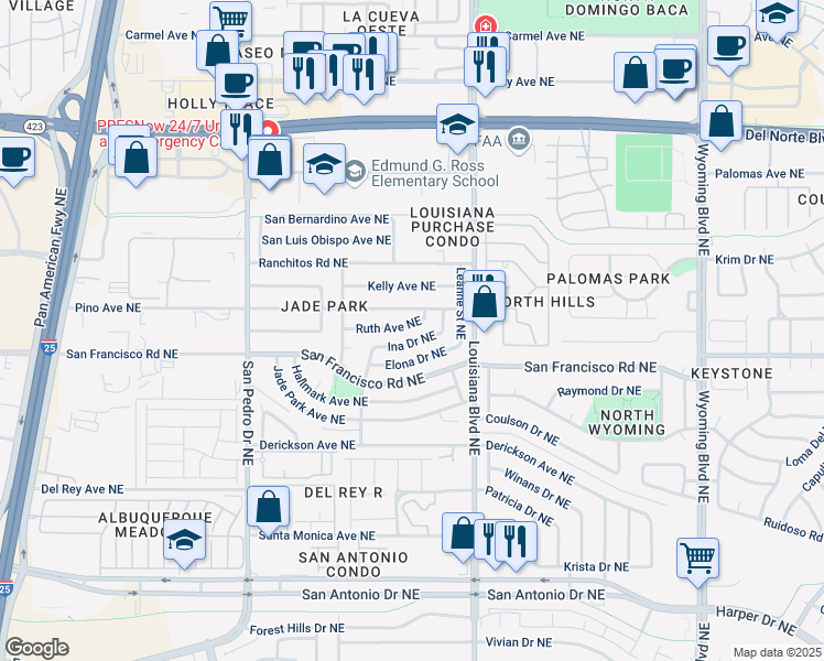 map of restaurants, bars, coffee shops, grocery stores, and more near 6828 Ina Drive Northeast in Albuquerque